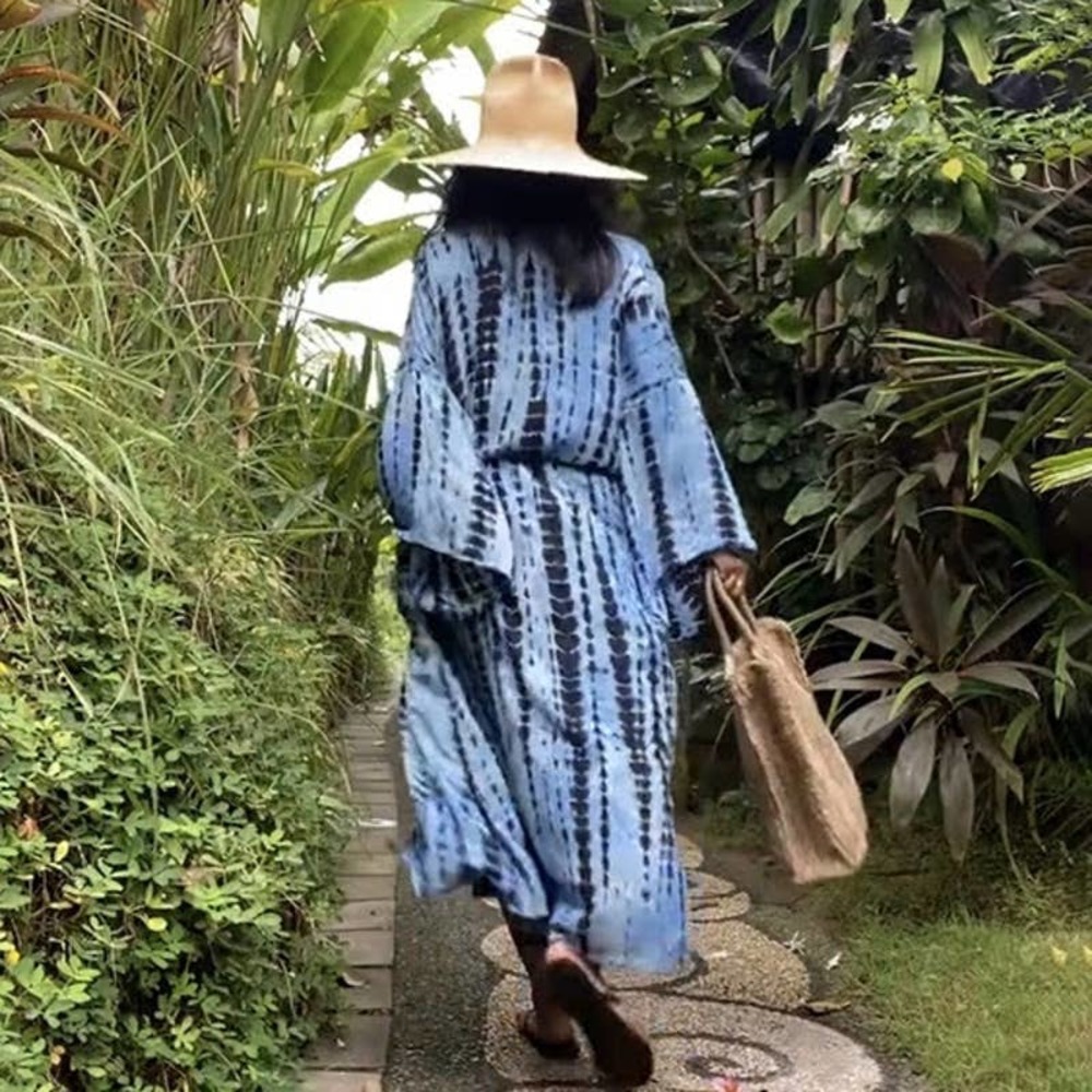 Boho Tie Dye Blue Beach Swim Coverup Maxi Duster Front Tie Flowy Ombre Pockets - Picture 4 of 12